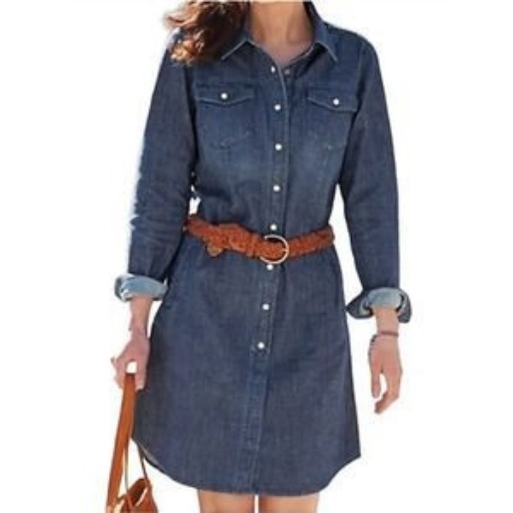 Duluth Trading Co. Womens Blue Jean Dress Pearl Snaps Size Medium